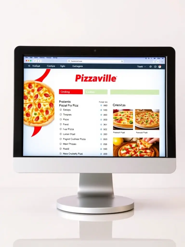A screenshot of the Pizzaville online ordering menu, highlighting the variety of pizza options and customization features.