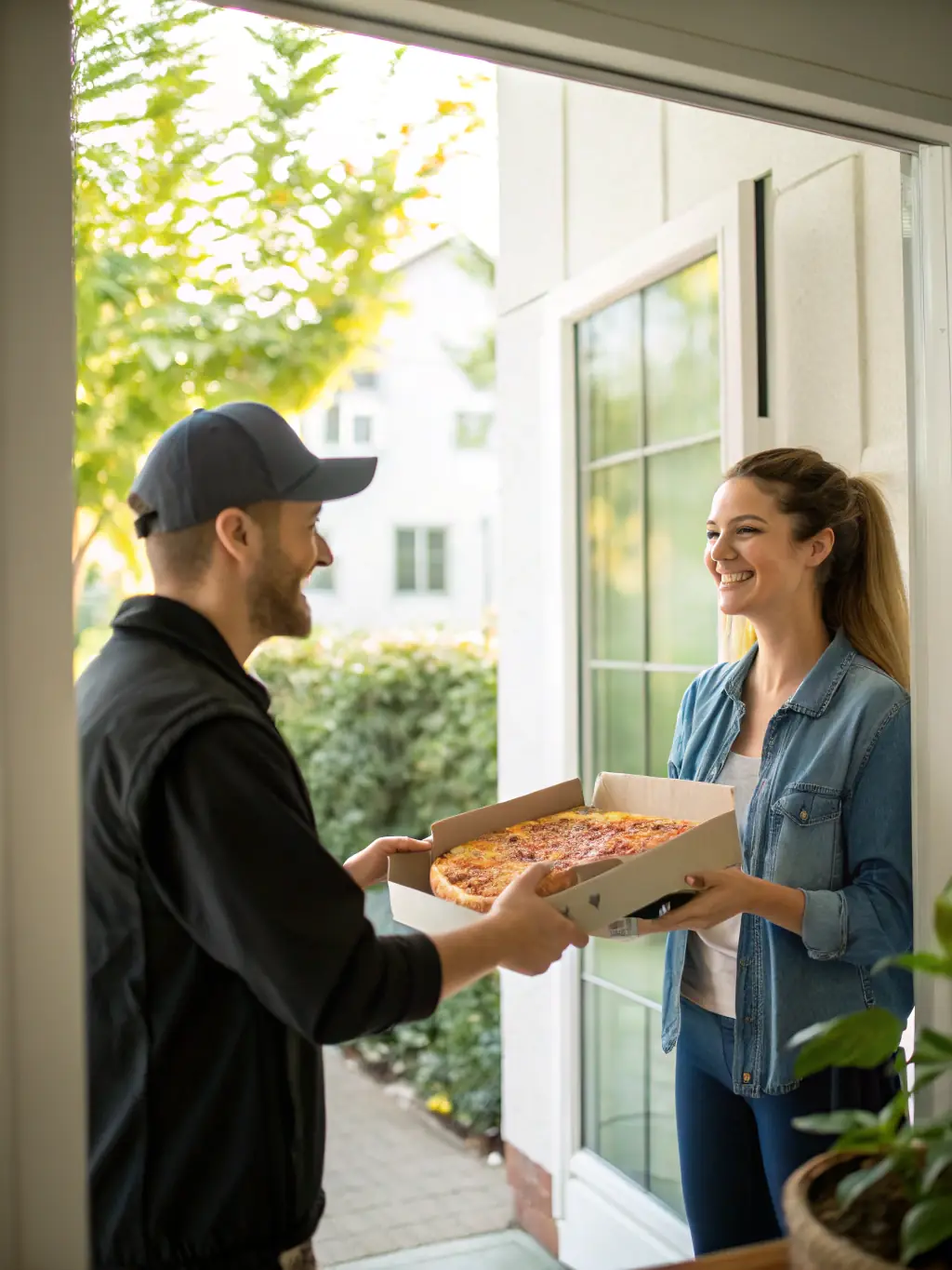 An image of a customer happily receiving a Pizzaville pizza delivery at their doorstep, emphasizing the convenience of online ordering.