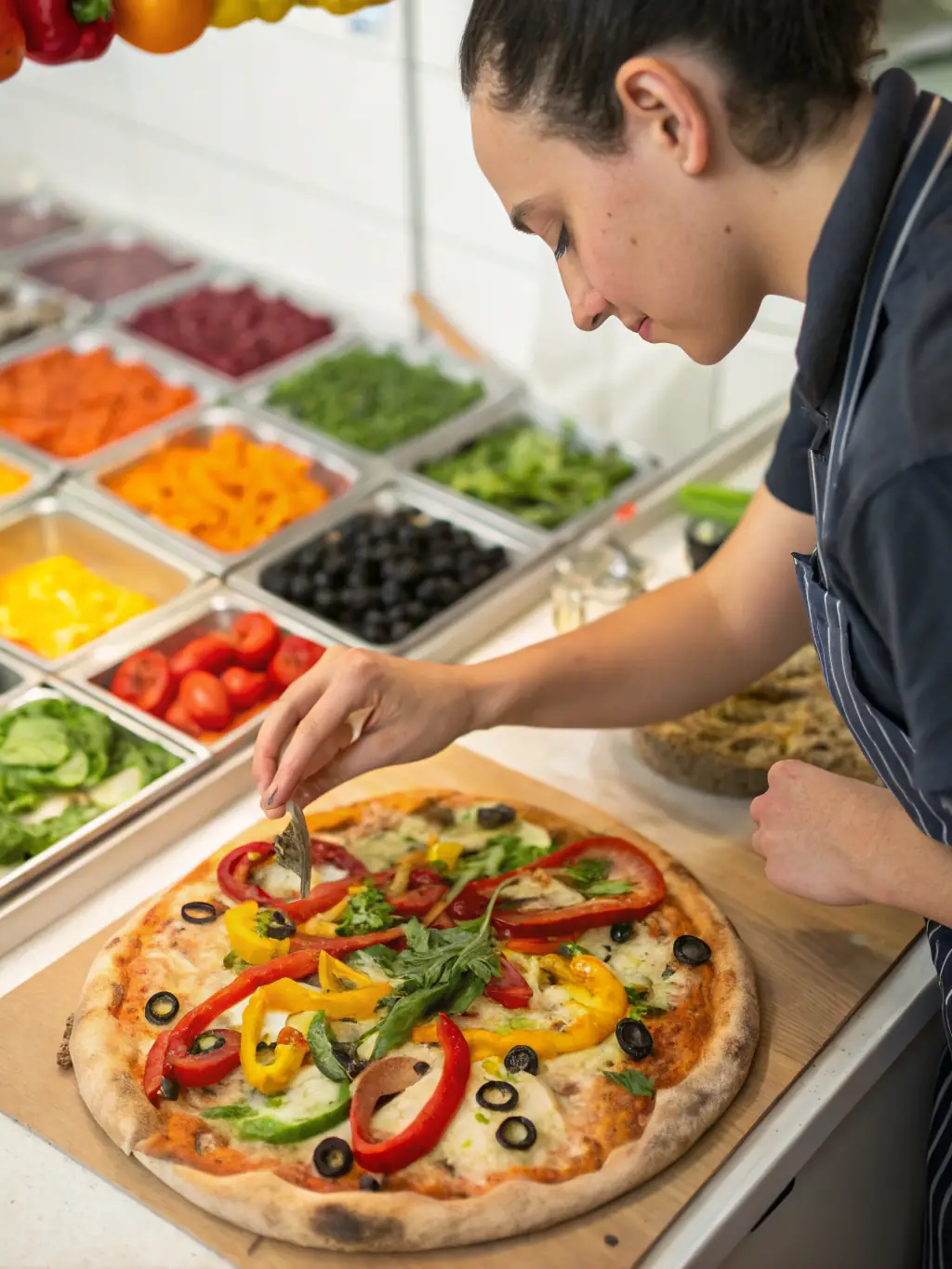 A close-up shot of a Pizzaville pizza being assembled with fresh toppings, showcasing the quality ingredients used in online orders.