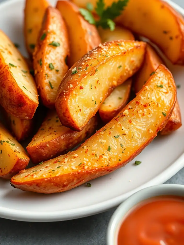 A close-up of Pizzaville's seasoned potato wedges, showcasing their crispy exterior and fluffy interior.