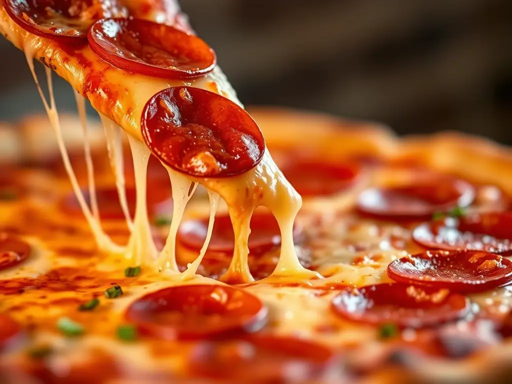 A pepperoni pizza with generous toppings and a golden-brown crust, highlighting its savory and satisfying appeal.