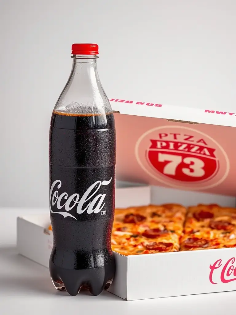 A bottle of sparkling water next to a pizza box, suggesting a light and refreshing beverage option.