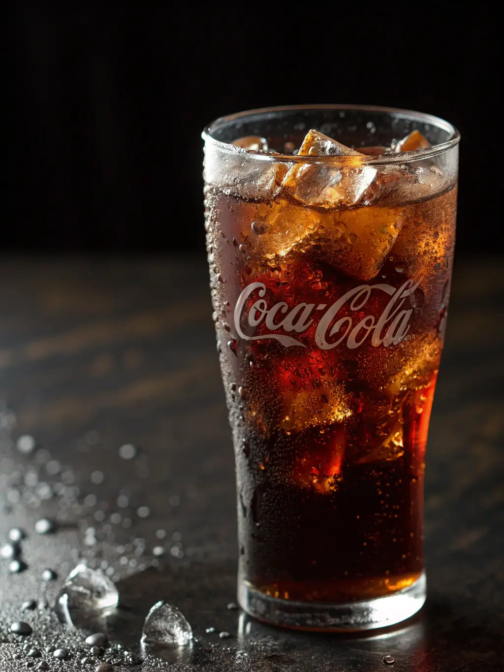 A refreshing glass of ice-cold Coca-Cola with condensation, next to a slice of Pizzaville pizza.