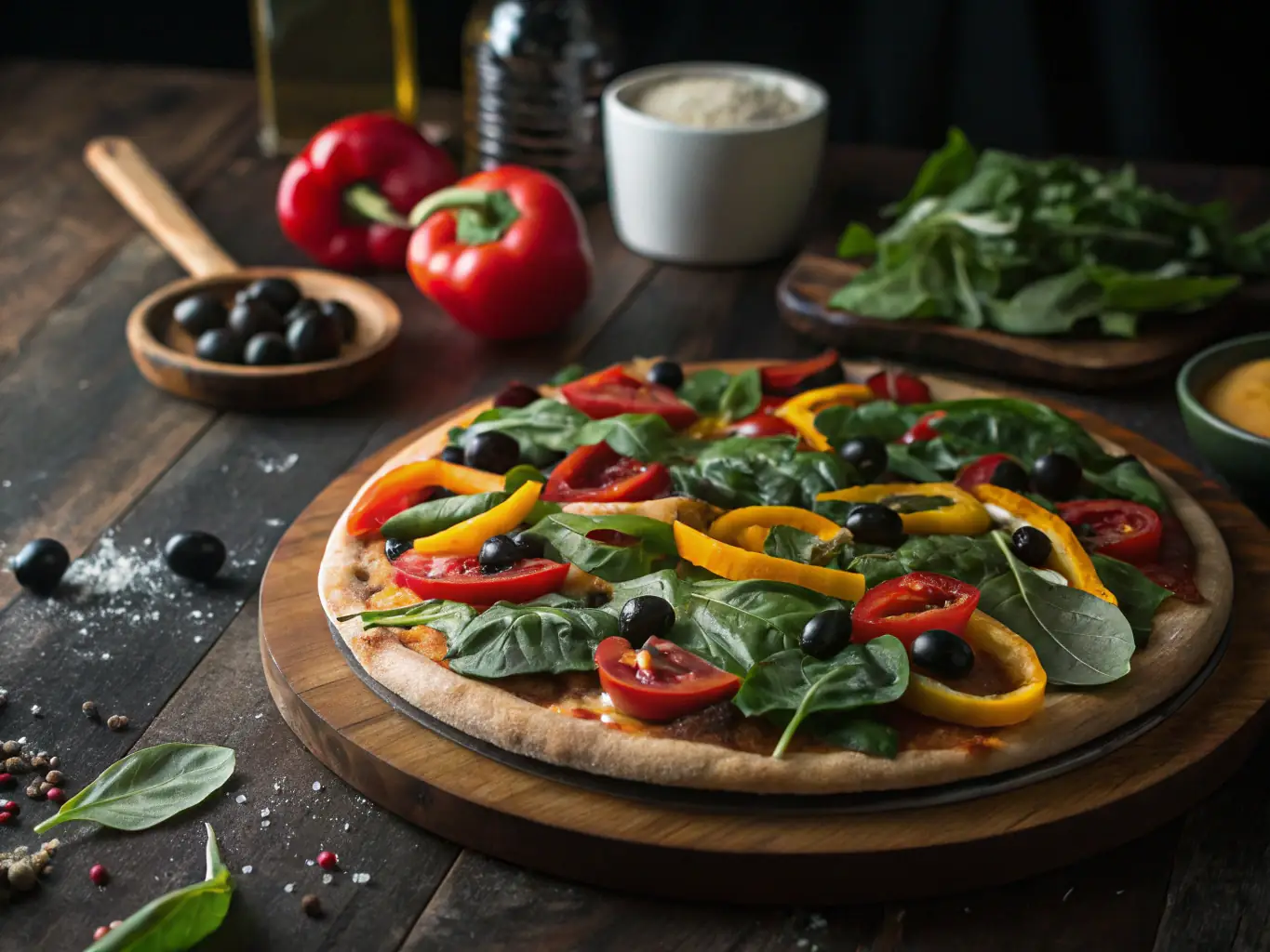 A vegetarian pizza with colorful vegetables such as bell peppers, mushrooms, and olives, emphasizing its healthy and delicious ingredients.