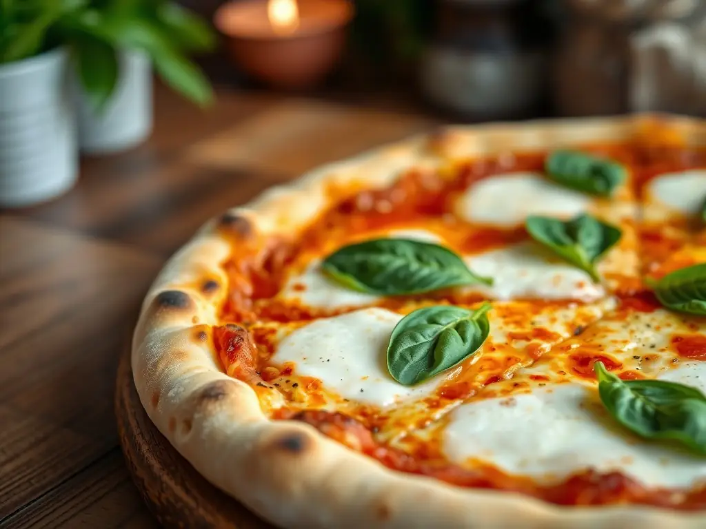 A close-up shot of a Margherita pizza with fresh basil leaves and melted mozzarella cheese, showcasing its vibrant colors and inviting texture.