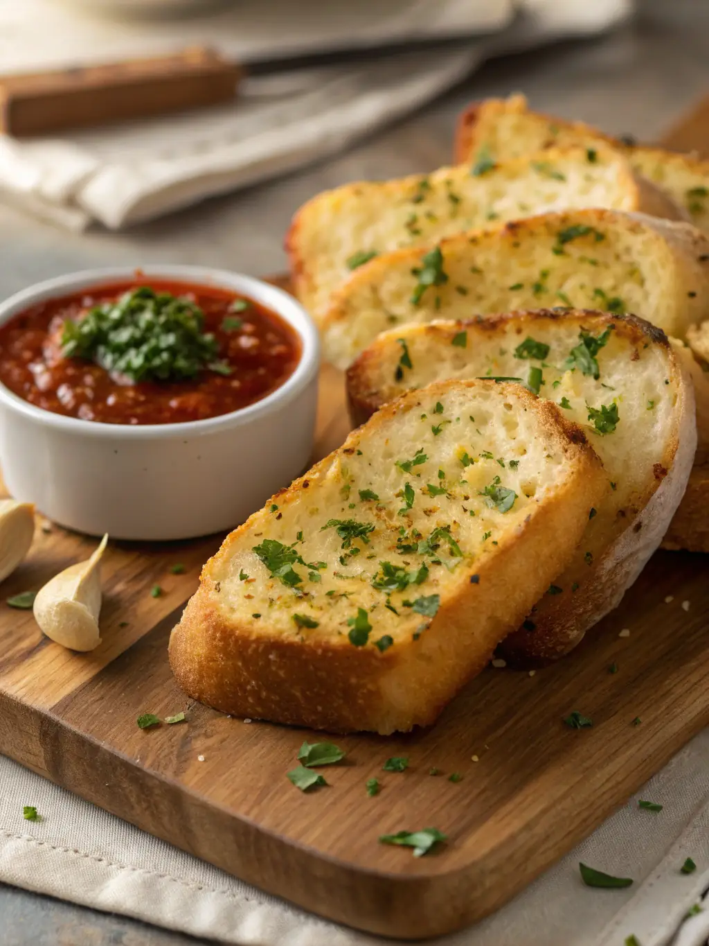 A close-up shot of Pizzaville's crispy, golden-brown garlic bread, seasoned with herbs and served with a side of marinara sauce.